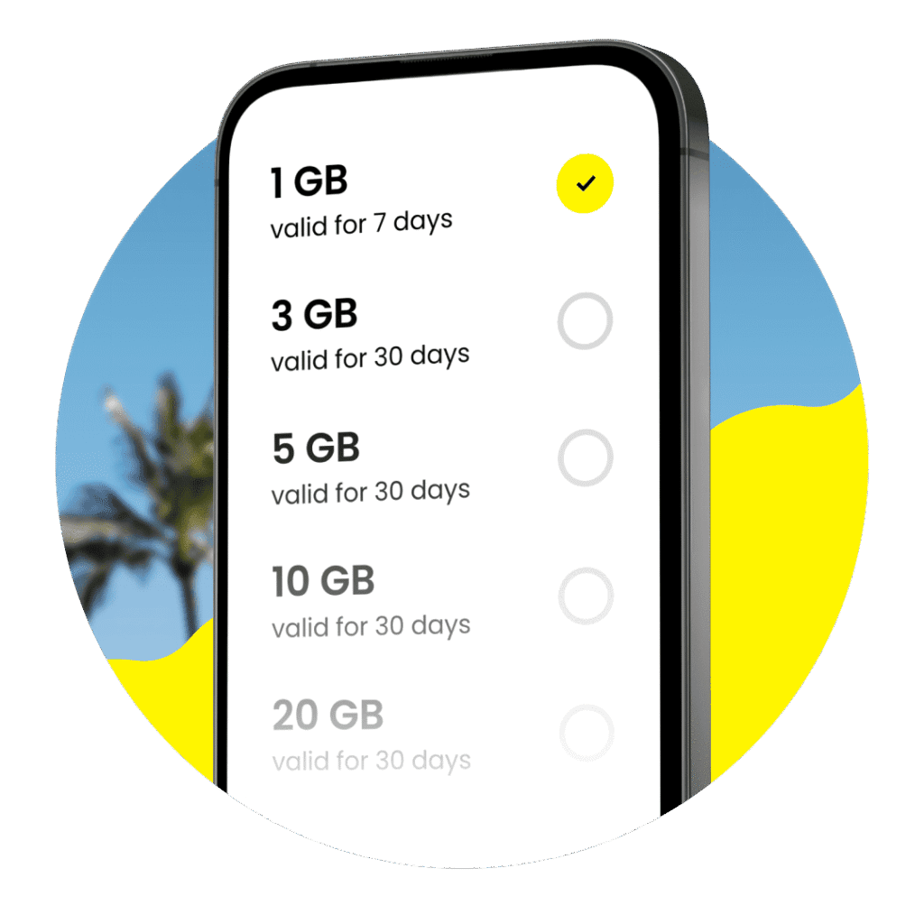 Smartphone screen showing Saily eSIM data plan options ranging from 1 GB for 7 days to 20 GB for 30 days, with palm trees and a bright background.