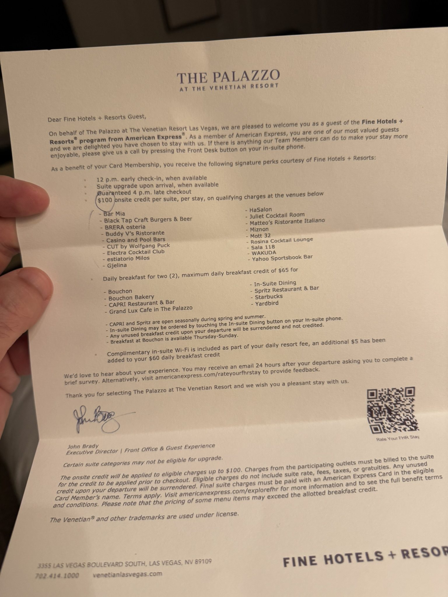 Welcome letter from The Palazzo at The Venetian Resort for Amex Fine Hotels & Resorts guests, outlining benefits like $100 property credit, daily breakfast credit, and guaranteed 4 p.m. late checkout